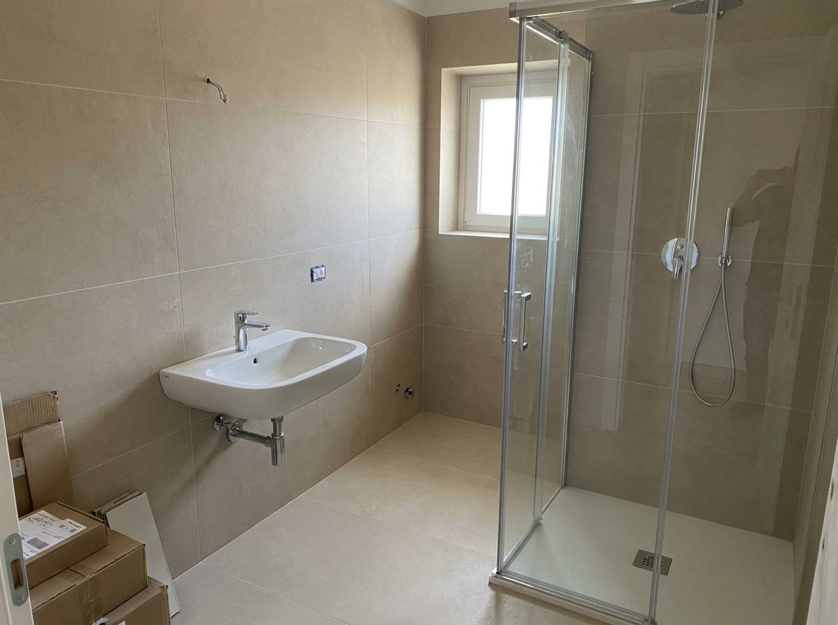 Bagno appena ristrutturato con gres di grande formato posato a parete e a pavimento