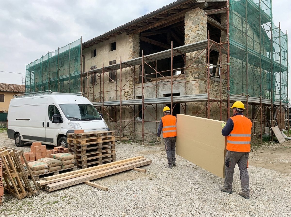Due operai portano un pannello isolante verso la facciata ponteggiata di un edificio in ristrutturazione in Piemonte