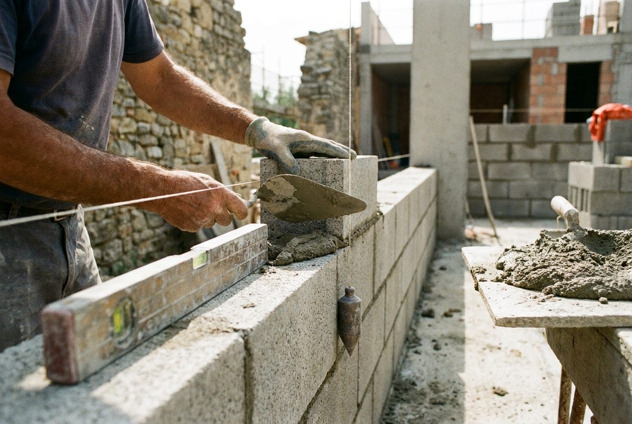 Muratore che posa un corso di blocchi in cemento con cazzuola, malta e filo a piombo