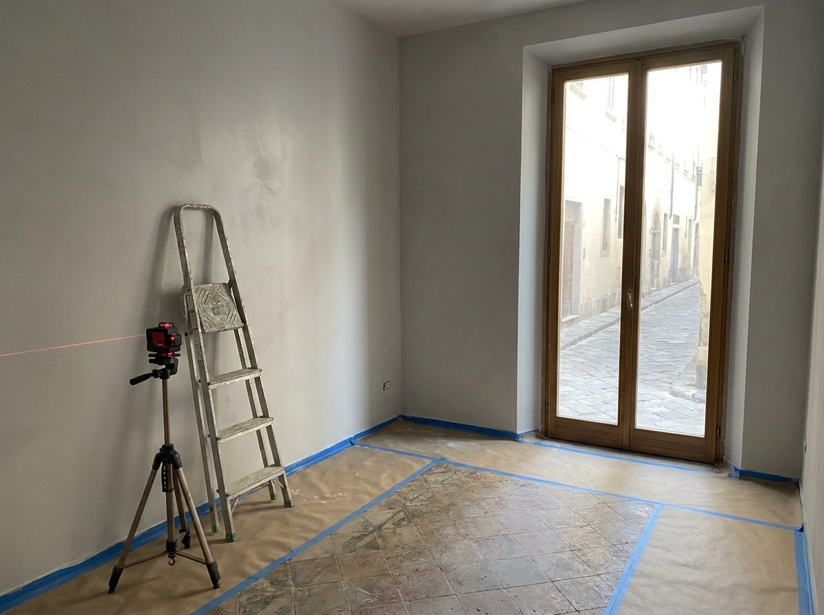 Stanza di un appartamento in ristrutturazione a Cuneo, pareti rasate a nuovo e pavimento protetto