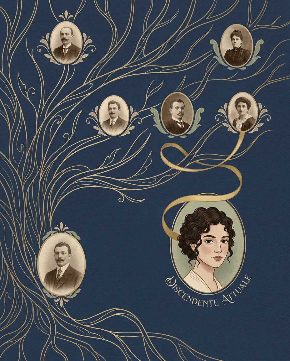 Albero genealogico che collega le generazioni di una famiglia italiana emigrata