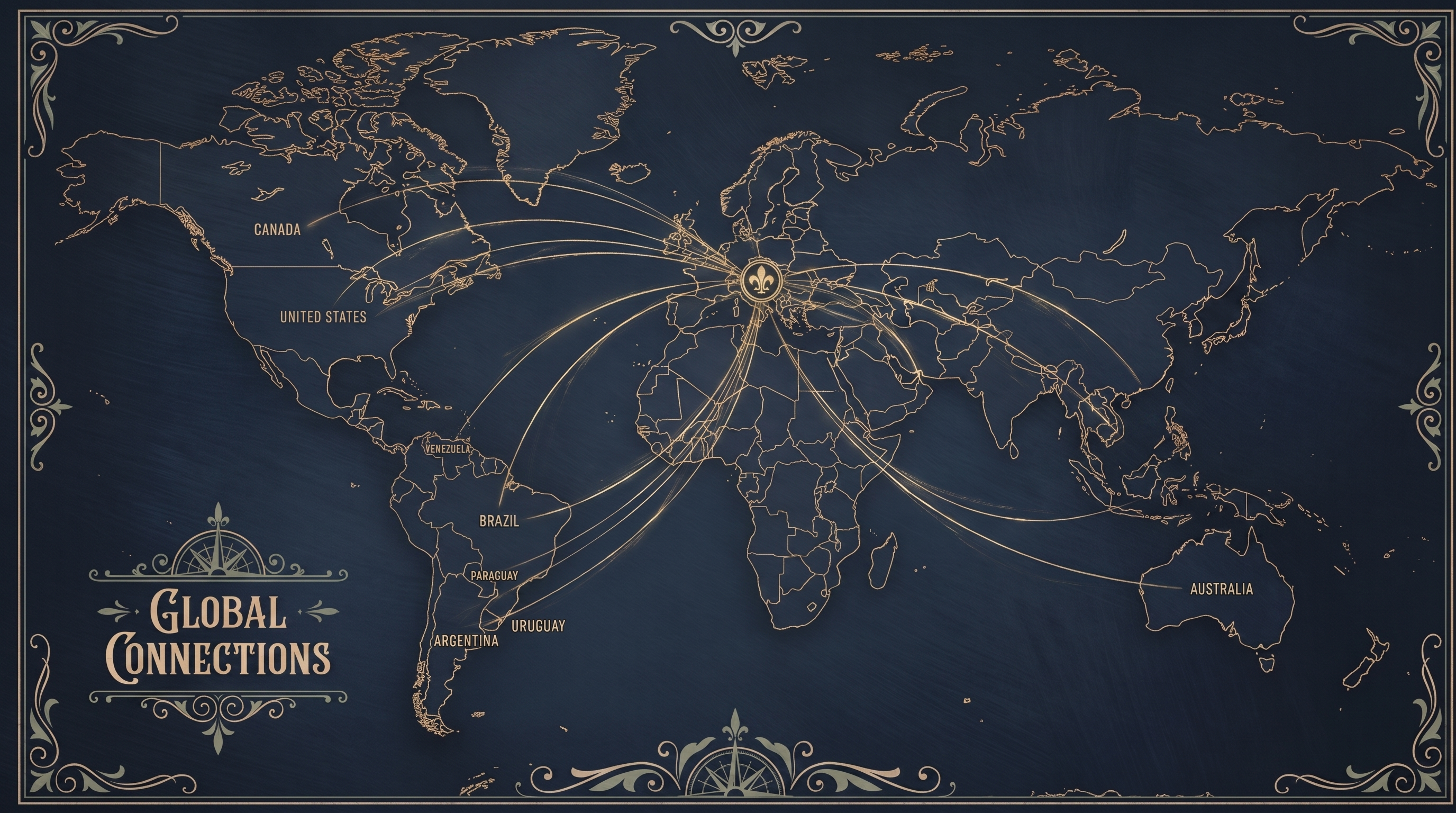 Mappa del mondo con i paesi assistiti collegati all'Italia